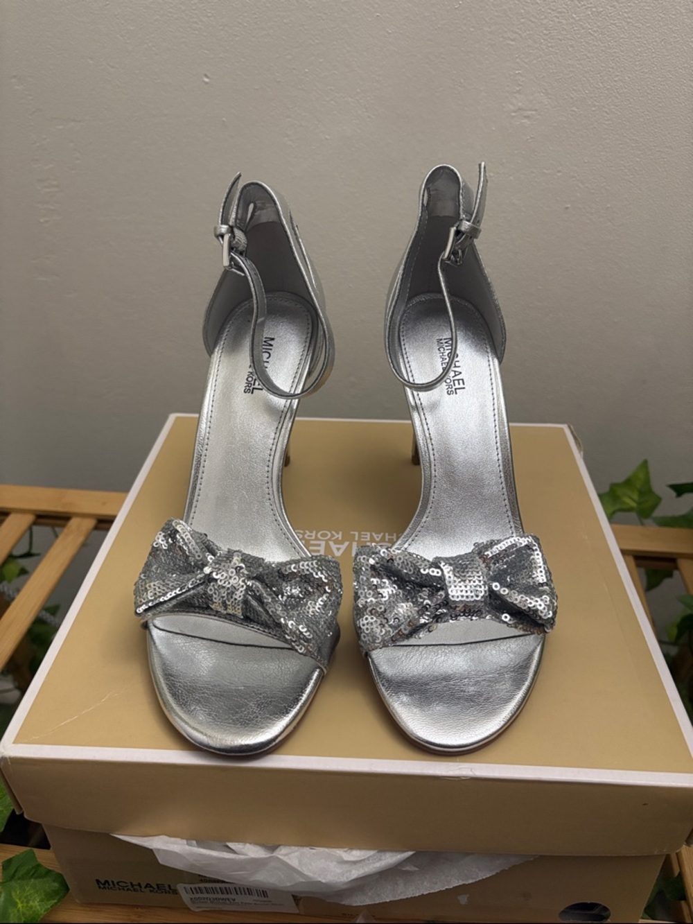 Michael Kors Silver Sequin Bow Ankle-Strap Heels